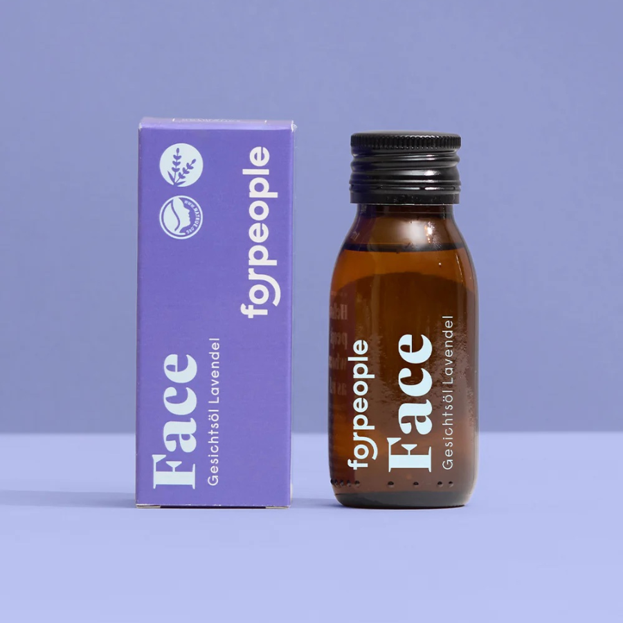 Gesichtsöl – Lavendel von forpeople – Flasche mit Verpackung vor lila Hintergrund