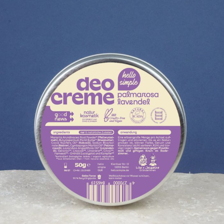 Deocreme – Palmarosa-Lavendel von hello simple, Verpackung von hinten