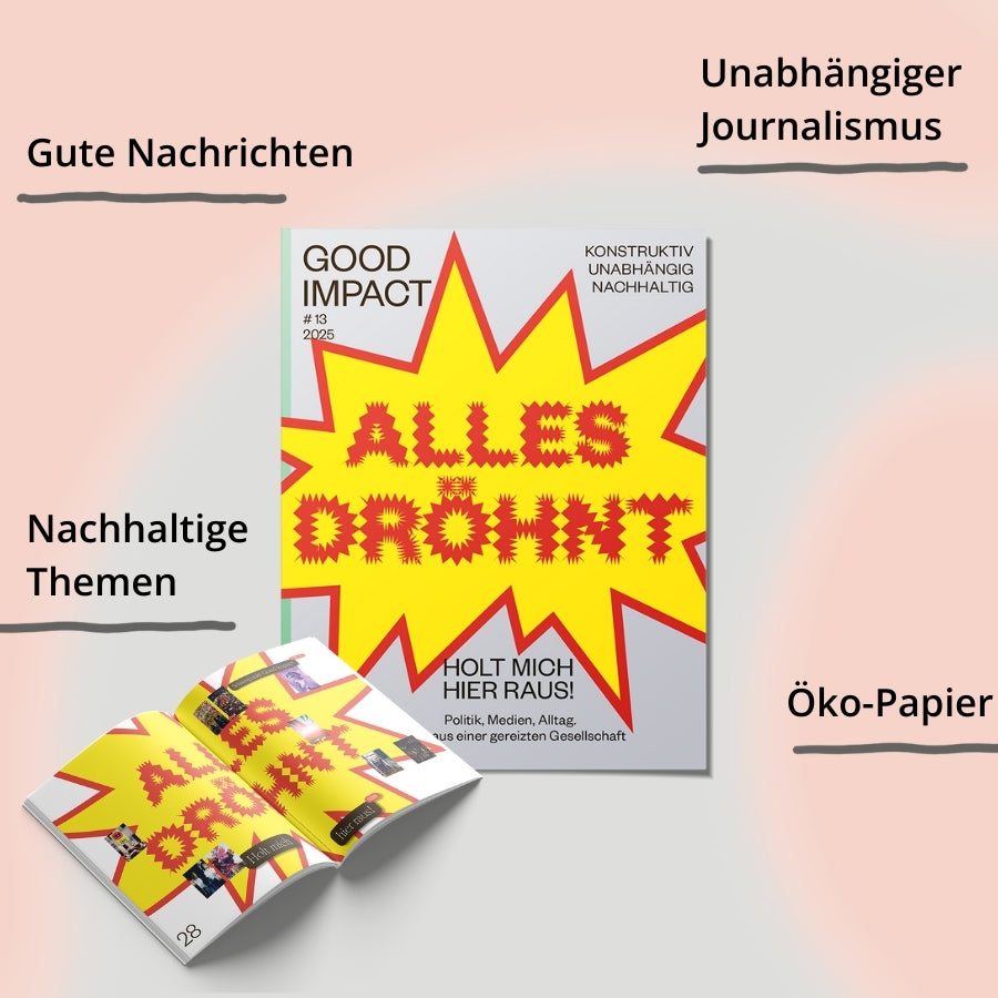 Cover of GOOD IMPACT #13 featuring bold text 'Alles drohnt' highlighting urgent societal issues.