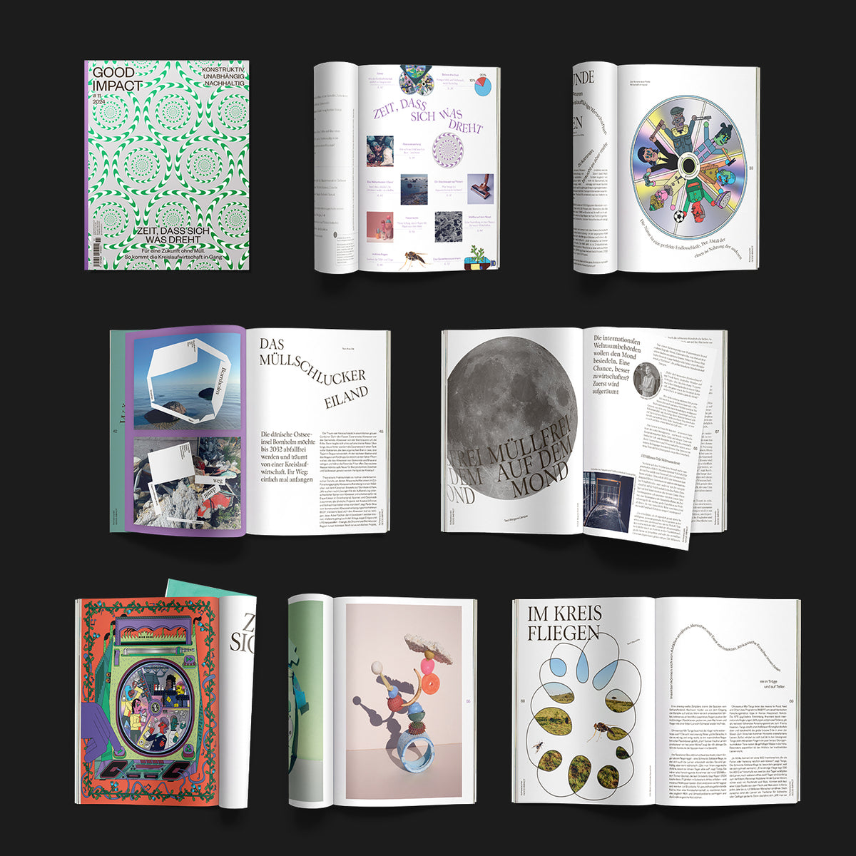 Cover and pages of the digital publication '#11 – Zeit, dass sich was dreht' showcasing circular economy themes.