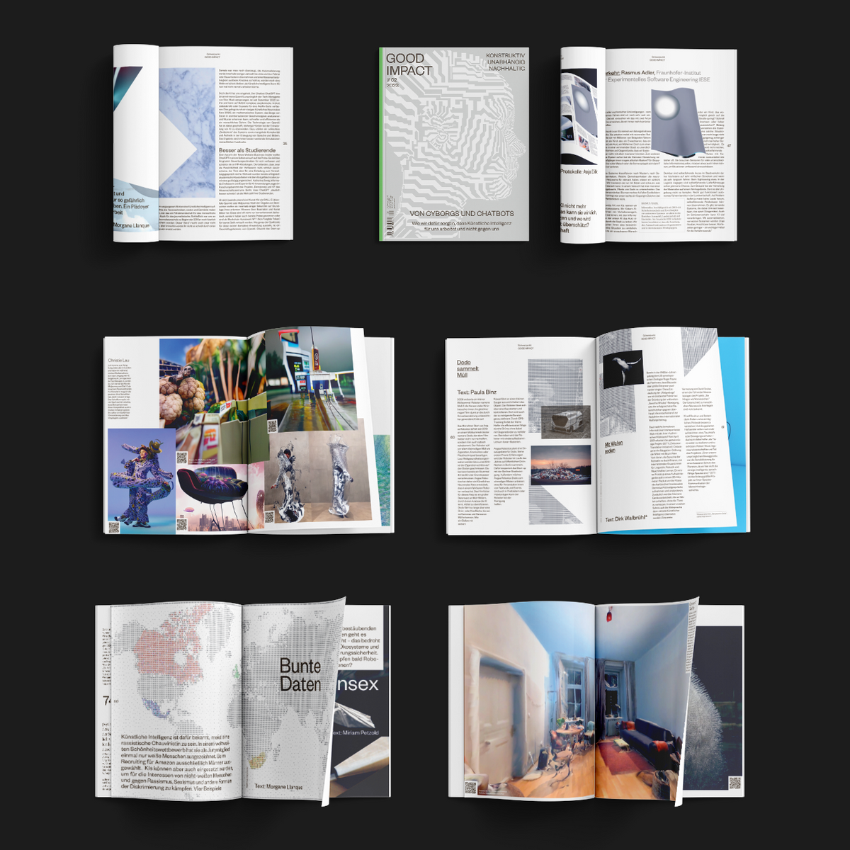 Digitale Ausgabe von "#2 – Von Cyborgs und Chatbots" mit ansprechenden Layouts und Artikeln über KI und ihre Chancen.