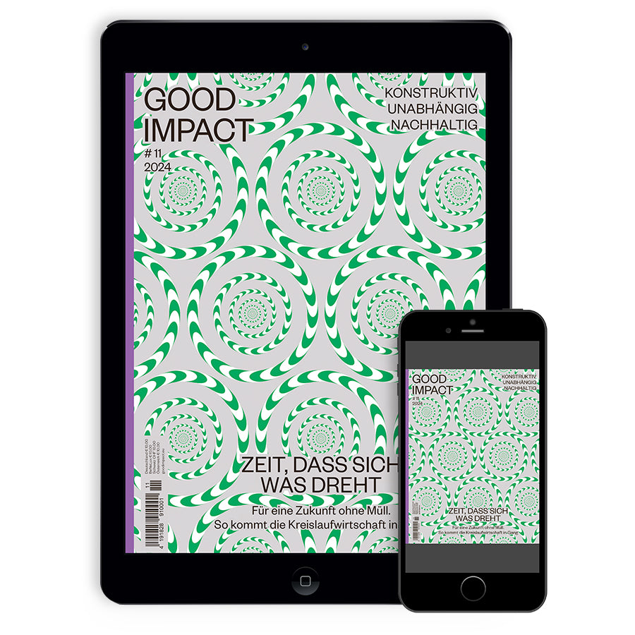 Digital edition of Good Impact #11, featuring a vibrant green spiral design and sustainability themes.