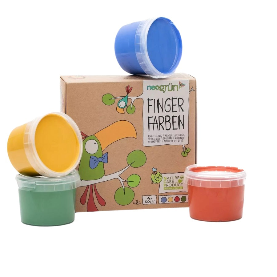 Fingerfarben 4er Set "Aki" von neogrün – Verpackung und Töpfchen