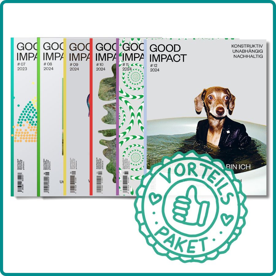 Good Impact Vorteils-Paket 2024 mit Ausgaben #7 bis #12 des Magazins, thematisiert Demokratie und Klimakrise.