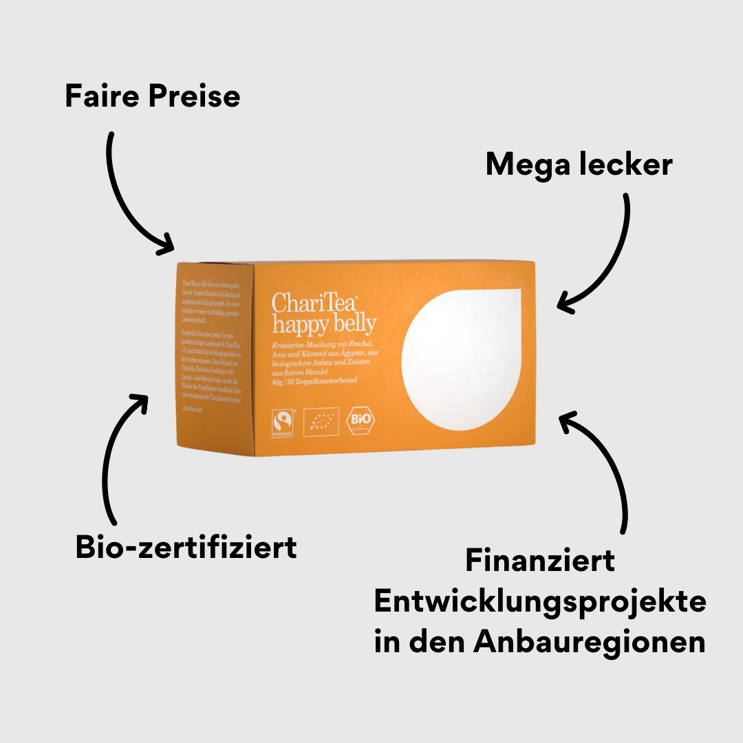 ChariTea Happy Belly Doppelkamerbeutel Verpackung mit Impact