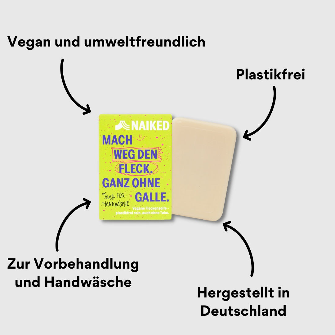 Vegane Fleckenseife von Naiked mit Verpackung und Impact