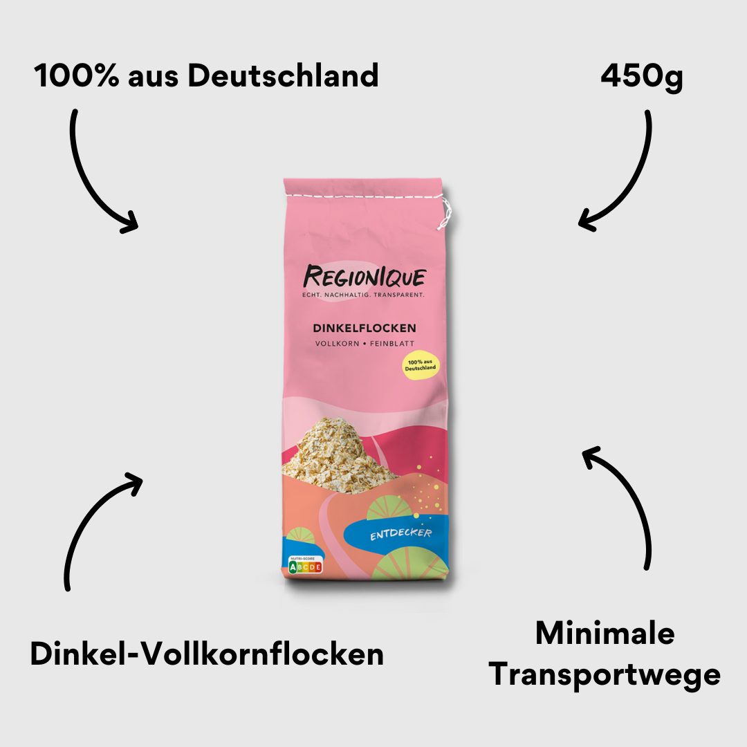 Regionique Dinkelflocken Entdecker Verpackung mit Impact