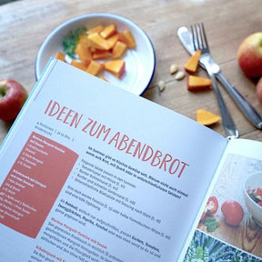 Aufgeschlagene Seite mit den Titel "Ideen zum Abendbrot" aus dem Kochbuch AckerKüche von Ackerdemia