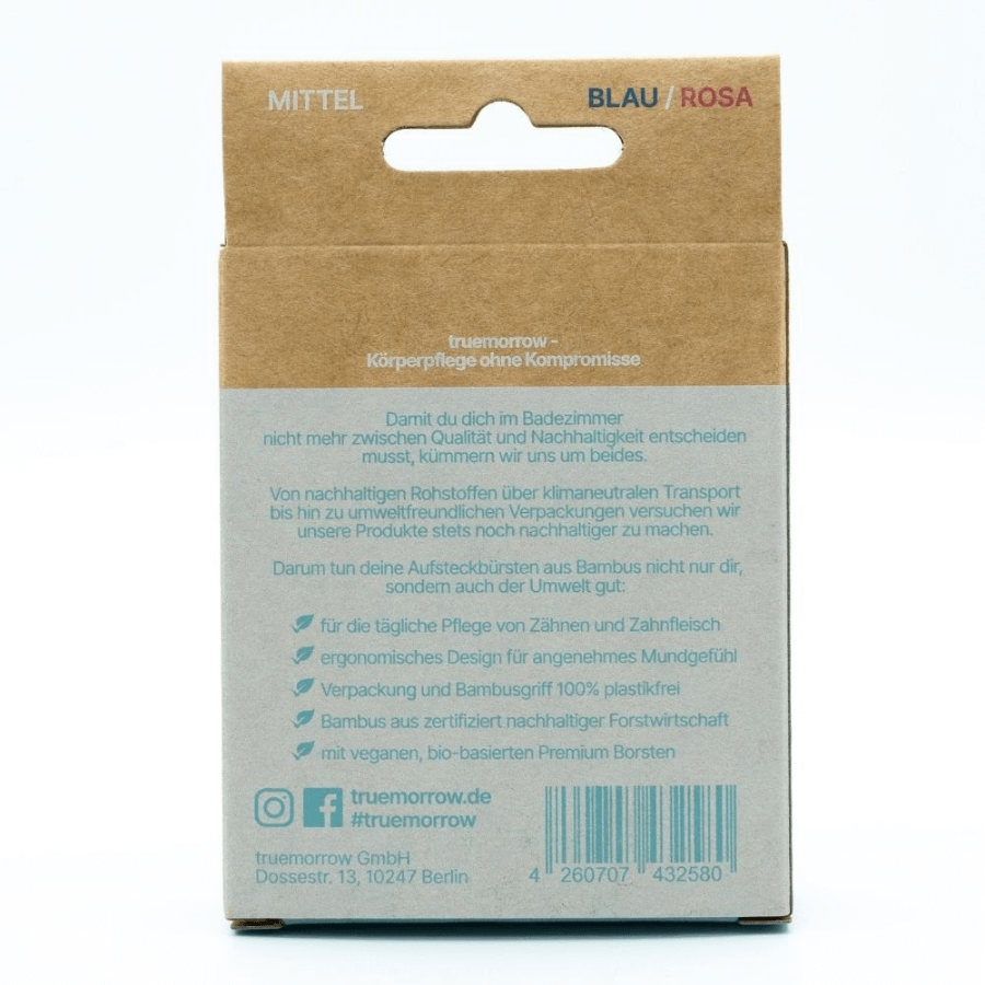 Aufsteckzahnbürsten Mittel, Farbe blau und rosa Verpackung von hinten