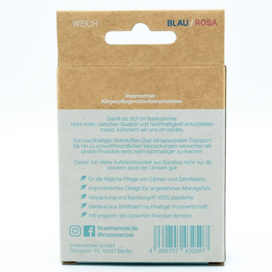 Aufsteckzahnbürsten Weich, Farbe blau-rosa Verpackung von hinten