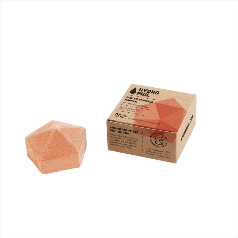 Hydrophil festes Shampoo Hopfen mit Packung von der Seite