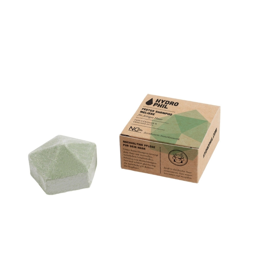 Hydrophil festes Shampoo Melisse mit Packung von der Seite