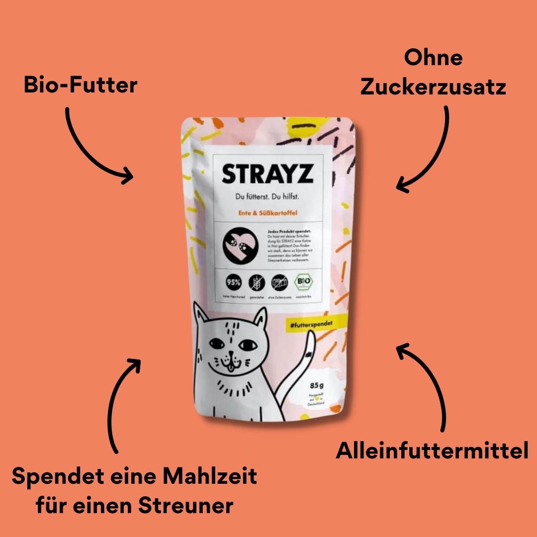 Strayz Nassfutter Ente Süßkartoffel Verpackung von vorne mit Impact