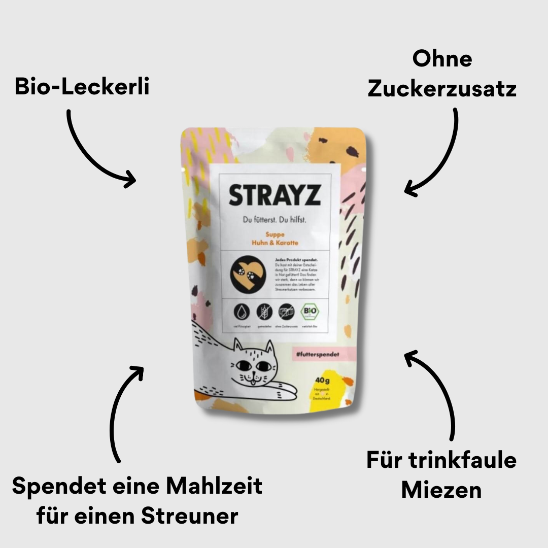 STRAYZ Suppe für Katzen Huhn und Karotte Verpackung von vorne mit Impact