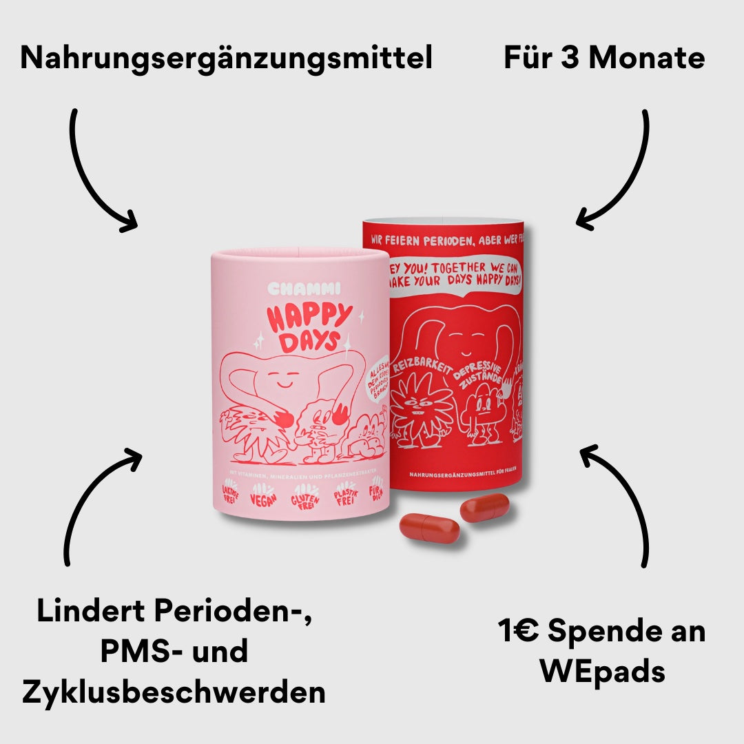 Happy Days Verpackung geöffnet mit zwei Kapseln und mit Impact