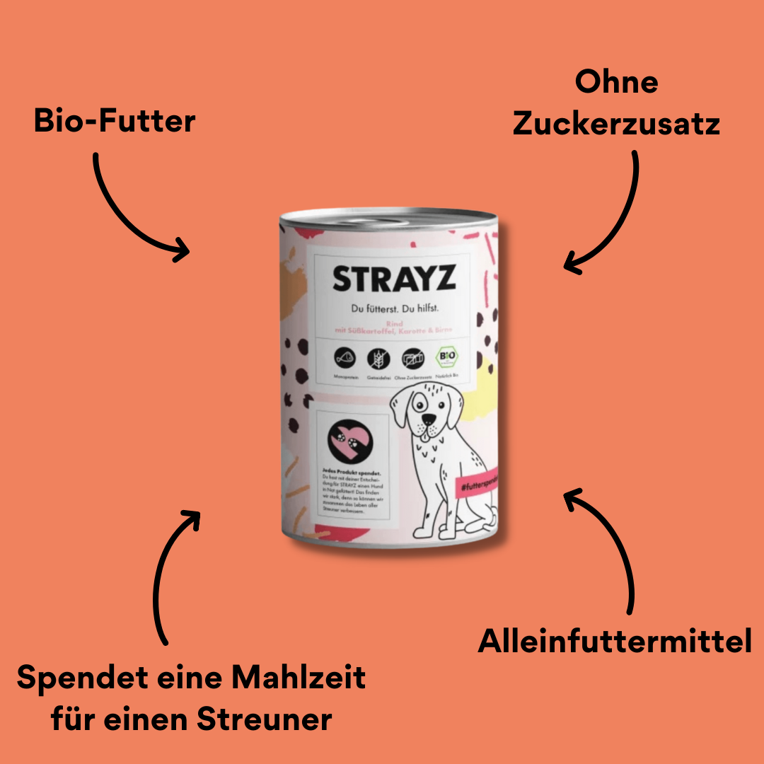 Strayz Nassfutter für Hunde mit Rind Dose von vorne mit Impact