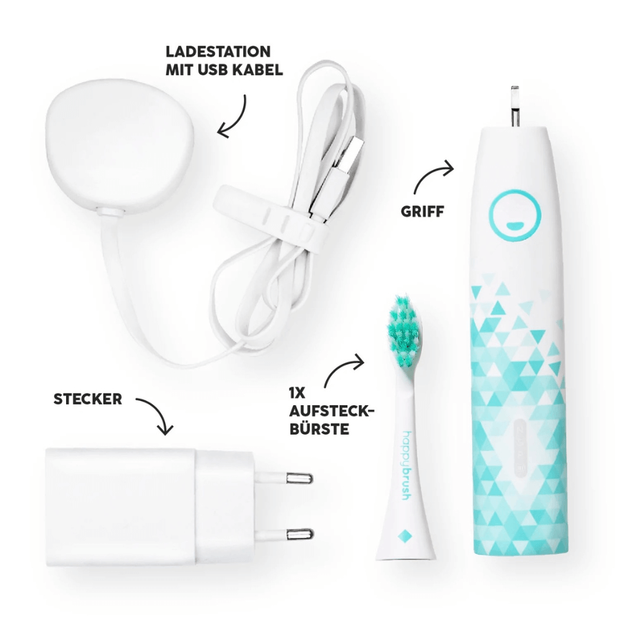 Schallzahnbürste happybrush StarterKit Eco VIBE 3 Weiß Lieferumfang
