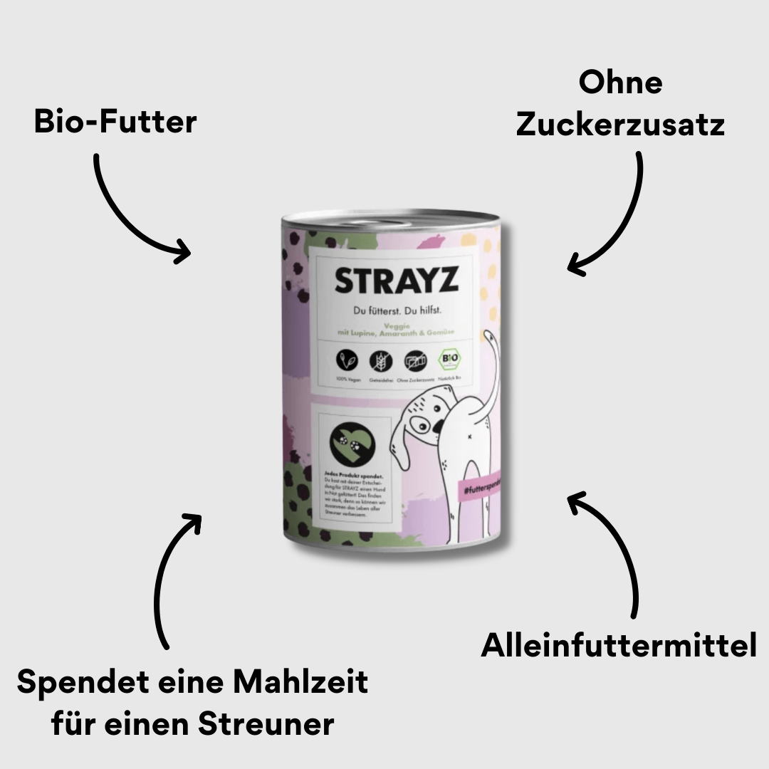 Strayz Nassfutter für Hunde Veggi Dose von vorne mit Impact