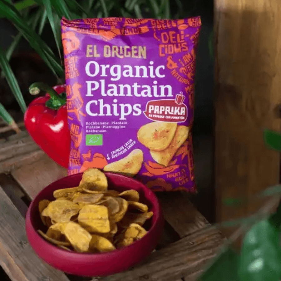 El origen Kochbananen Chips mit Paprika Verpackung mit Schale Chips