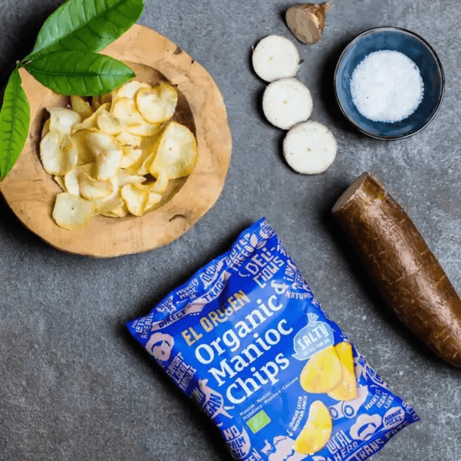 El origen Maniok Chips mit Meersalz Verpackung und alle Zutaten