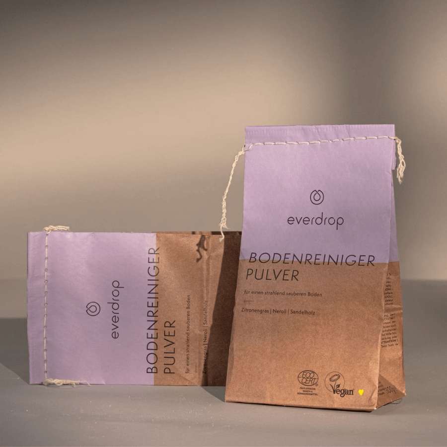 2 Verpackungen everdrop Bodenreiniger Pulver - eine liegend, eine stehend