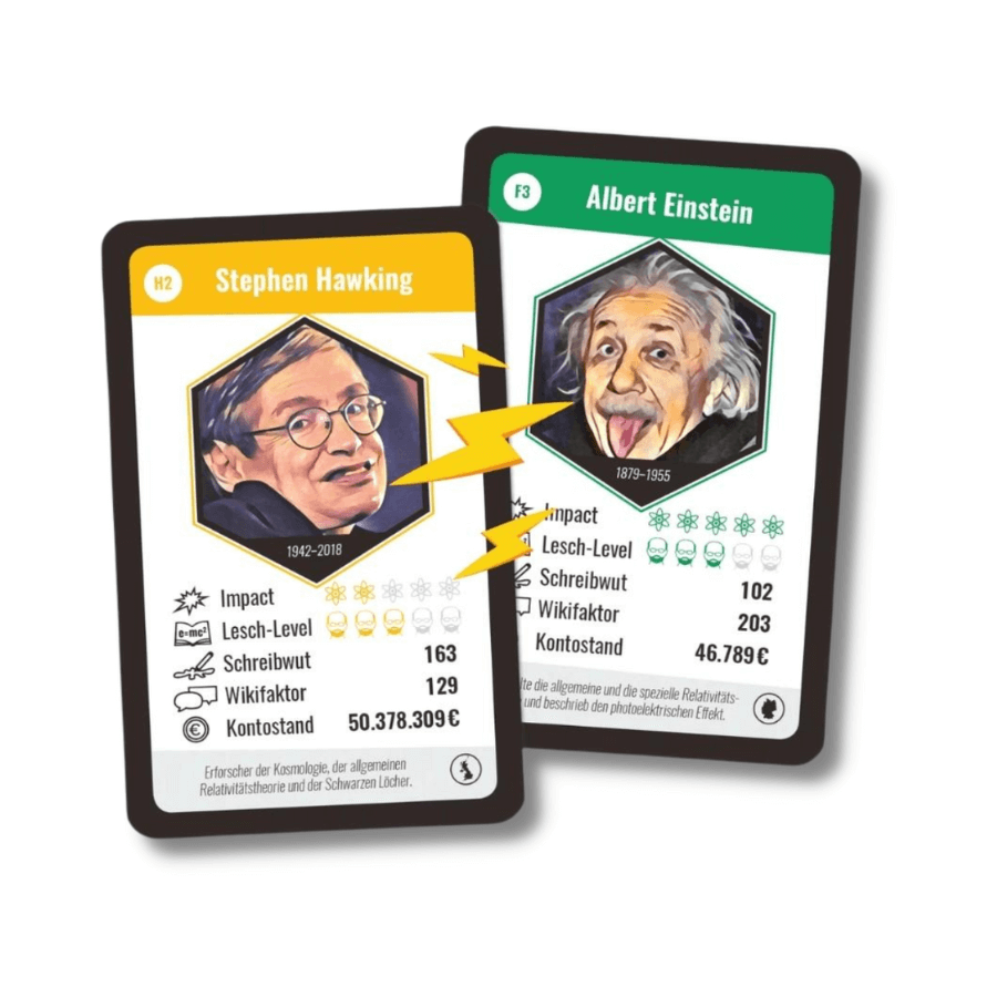 Spielkarten von Stephen Hawking und Albert Einstein im Physiker-Quartett Deck, mit Statistiken und Kontrasten.