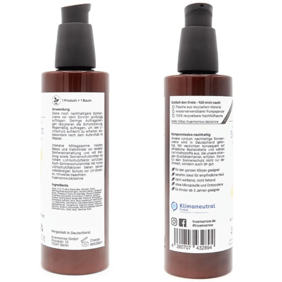 truemorrow Sonnencreme Sensitiv 200ml Flasche von hinten