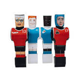 Diverse Tischfußballfiguren in bunten Trikots, repräsentieren Frauen, Männer und nicht-binäre Spieler.