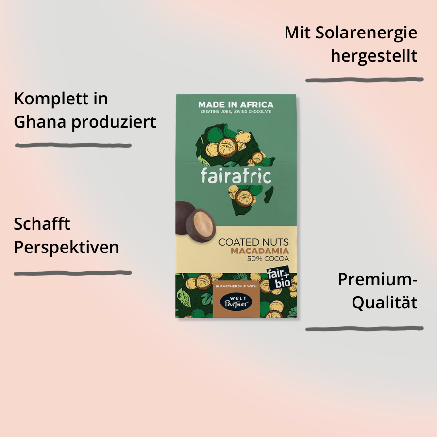 Karamellisierte Macadamia in 50% Zartbitterschokolade von fairafric mit Impact