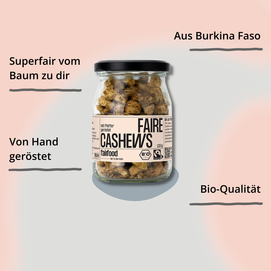 fairfood faire Cashews mit Pfeffer & Knoblauch im Pfandglas mit Impact