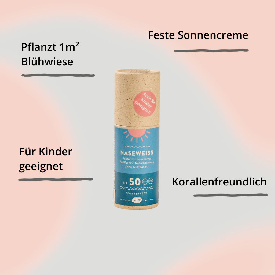 4peoplewhocare feste Sonnencreme LSF 50 Verpackung mit Impact