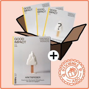 Good Impact Geschenk-Abo mit der aktuellen Ausgaben und die zukünftigen Ausgaben in einer Box abgebildet, versandkostenfrei zum Verschenken.