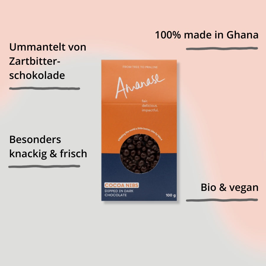 Kakonibs in dunkler Schokolade von Amanase – Verpackung von vorne mit Impact