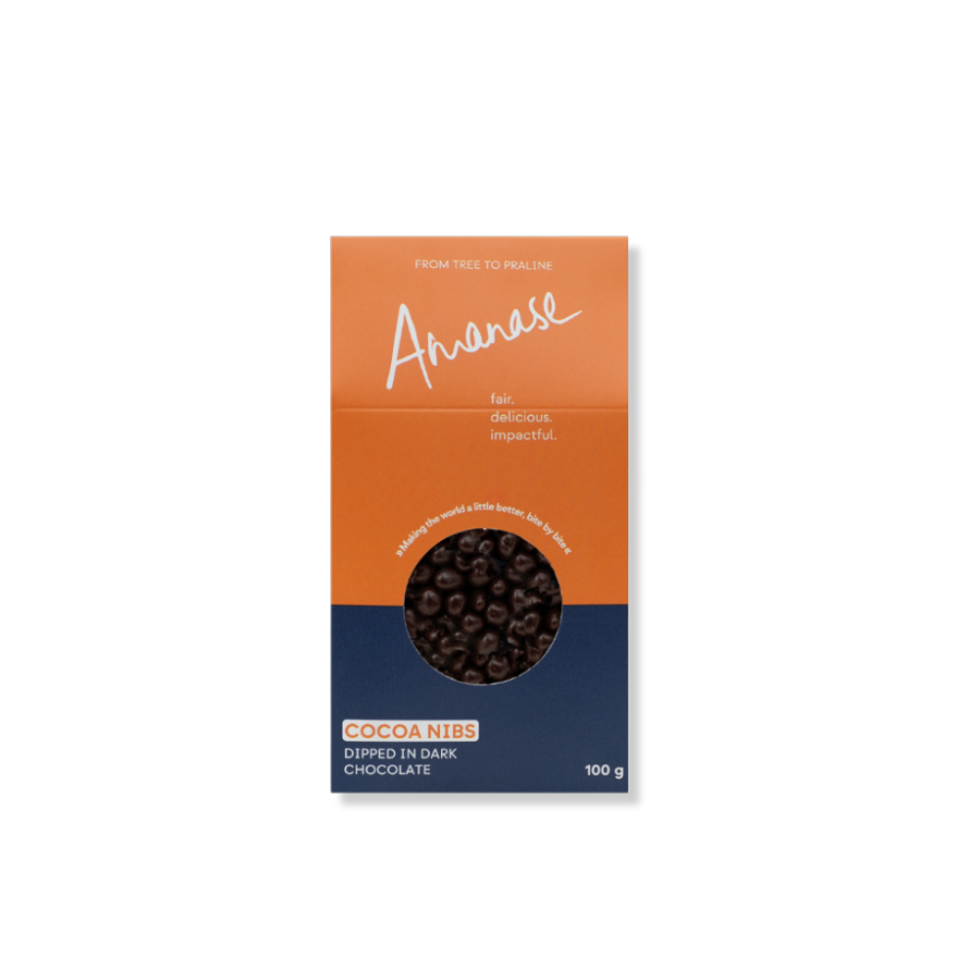Kakonibs in dunkler Schokolade von Amanase – Verpackung von vorne