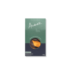 Dipped Mango in dunkler Schokolade von Amanase – frontale Ansicht