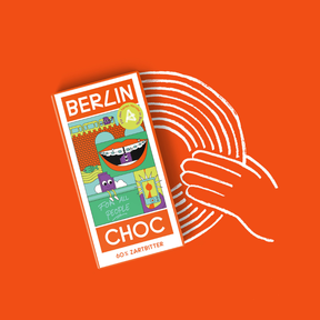 Berlin Choc – Zartbitterschokolade (60%) vom Aktionsbündnis Fairer Handel Berlin, Design Illustration mit Comic-Hintergrund