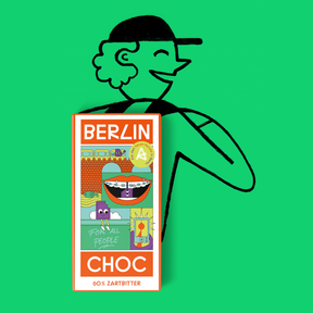 Berlin Choc – Zartbitterschokolade (60%) vom Aktionsbündnis Fairer Handel Berlin, Design Illustration mit Comic-Hintergrund