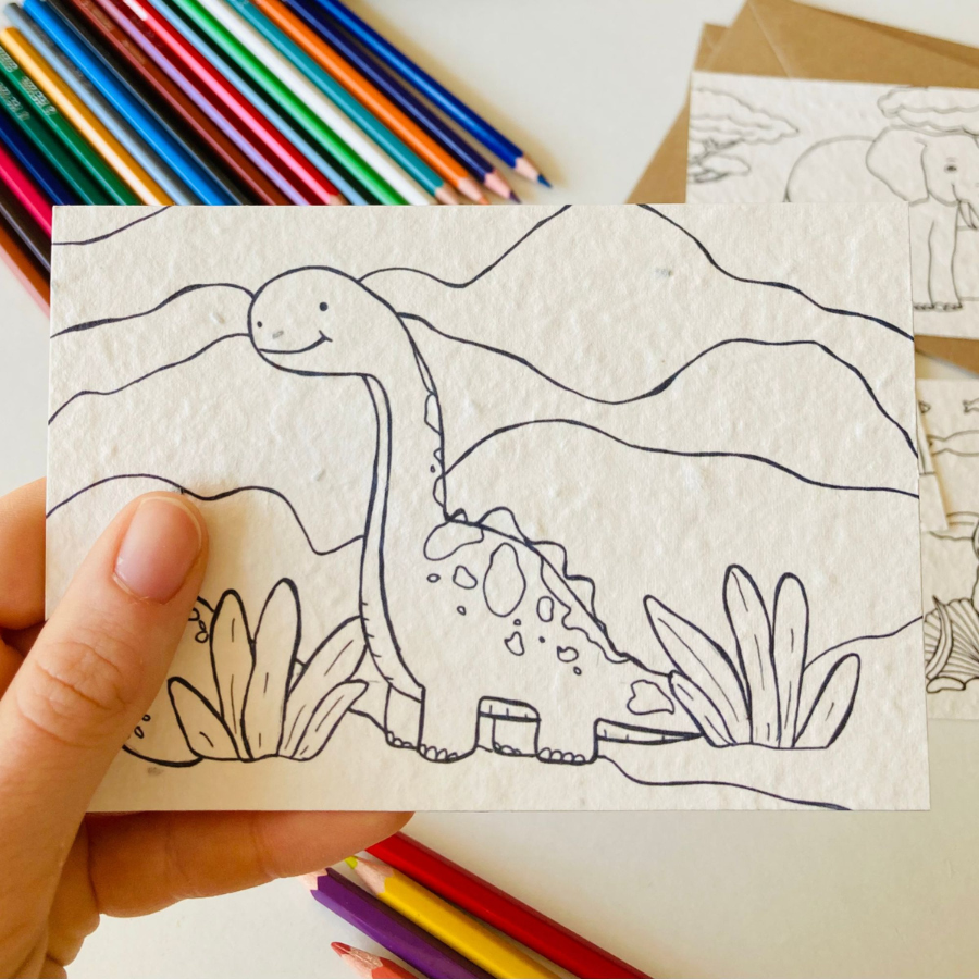 Einpflanzbarer Ausmalkarten von BlühWerk Papeterie – Motiv Dino