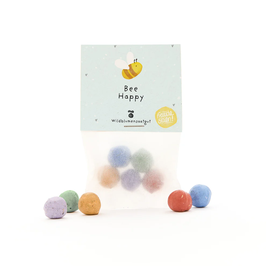 Blumenmurmeln "Bee happy" von Die Stadtgärtner – Verpackung von vorne