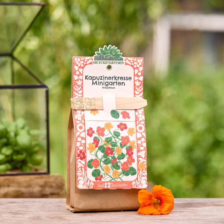 Minigarten – Kapuzinerkresse von Die Stadtgärtner – Verpackung mit Blüte