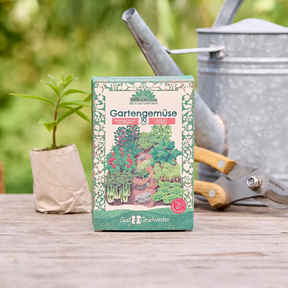 Saatgut-Set Gartengemüse von Die Stadtgärtner – Verpackung, im Hintergrund eine Gießkanne und Gartenschere