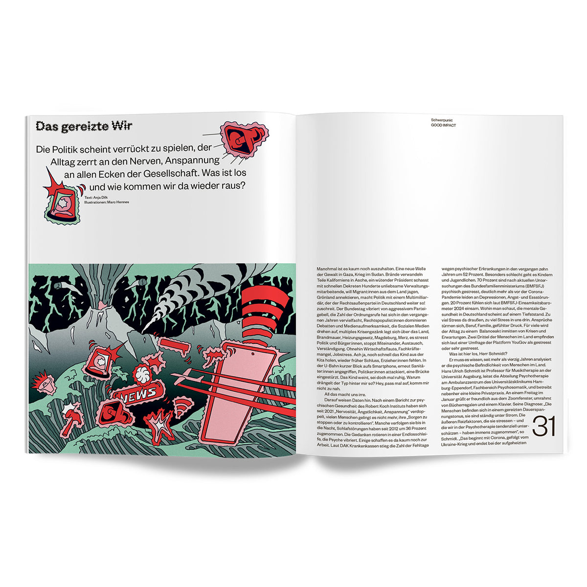 Illustration from the article 'Das gereizte Wir', depicting societal tension and chaos, emphasizing political and social unrest.