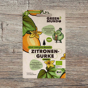Saatgut Zitronengurke von Green Mundo vor dunklem Hintergrund