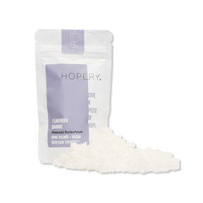 Meersalz Badeschaum – Lavender Orange von Hopery, Verpackung mit Häufchen