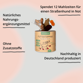 Futtertopping Knochen & Gelenke von Hunderunde. Dose mit Zutaten und Impact