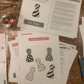 Documents and game pieces for Krimidinner, including character roles and instructions for a mystery dinner party.