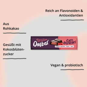 Riegel – Kokos Himbeere, vegane Schokolade von Ombar mit Impact