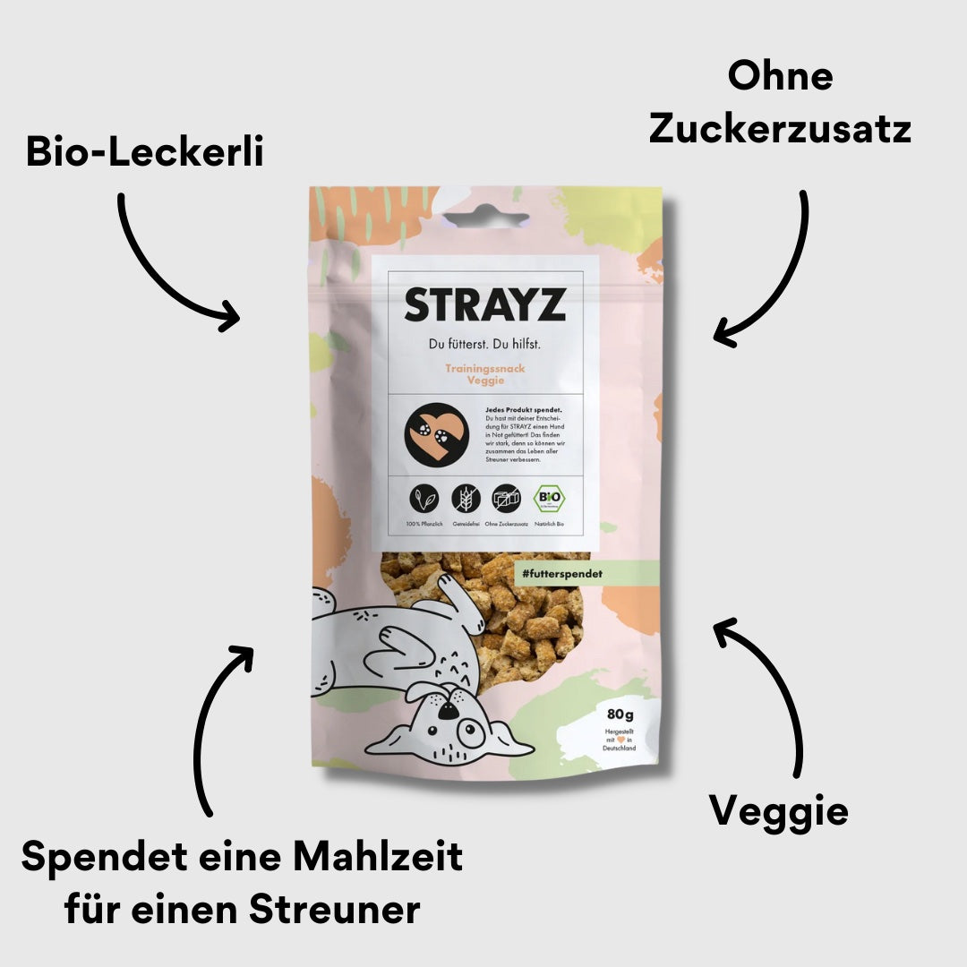 Veggie Hundesnack von STRAYZ – Verpackung von vorne mit Impact
