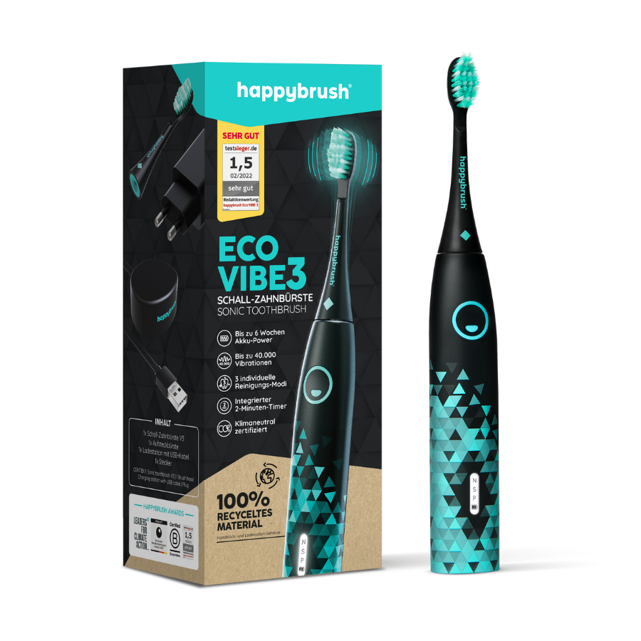 Schallzahnbürste happybrush StarterKit Eco VIBE 3 Schwarz, Verpackung und Zahnbürste