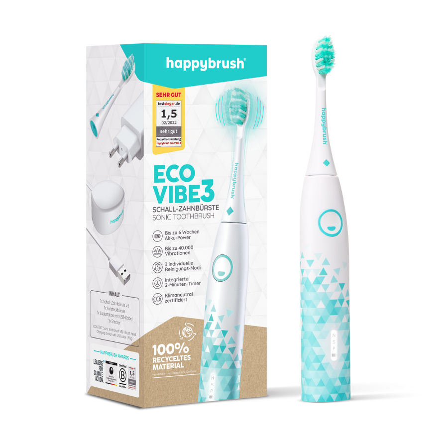 Schallzahnbürste happybrush StarterKit Eco VIBE 3 Weiß, Verpackung und Zahnbürste